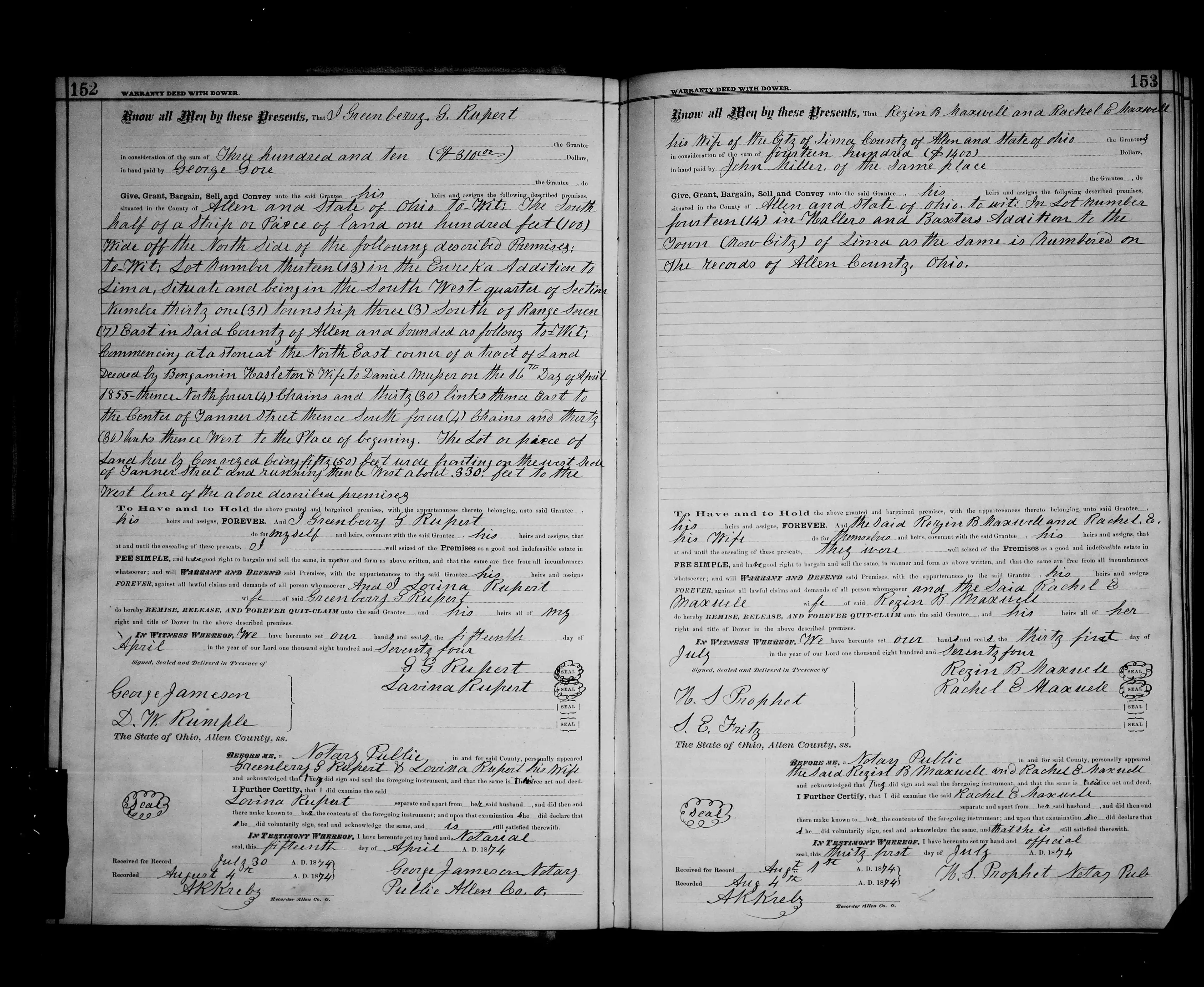 Greenberry G. Rupert & Lavina Hyre Rupert, Lima, Ohio Inlot Sold To George Gore, 04-15-1874